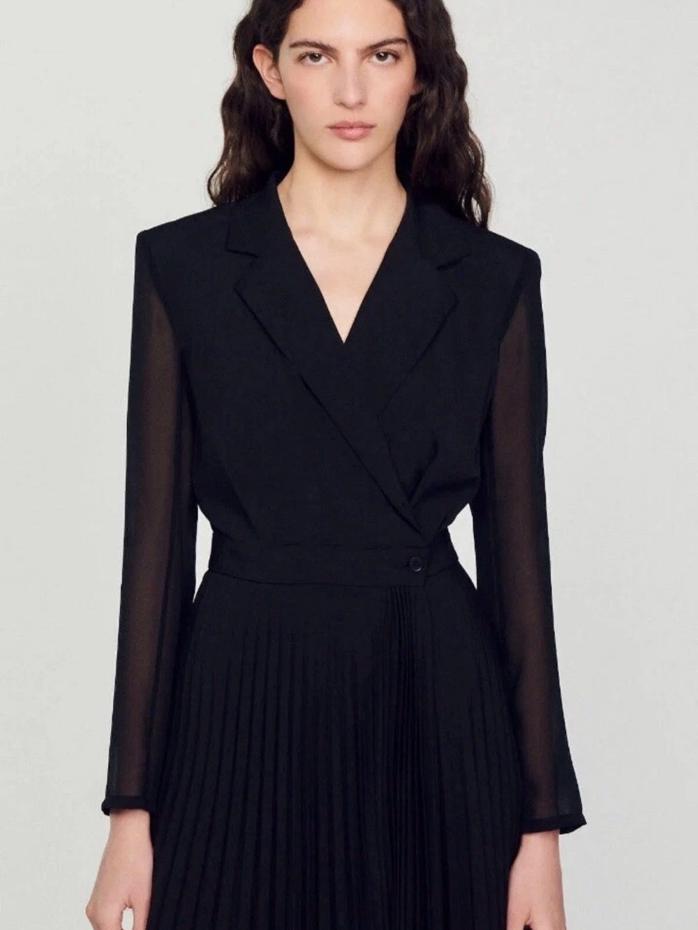 Sandro Paris Elegant Black Pleated Wrap Midi Dress with Sheer Sleeves size 38 - Picture 3 of 8